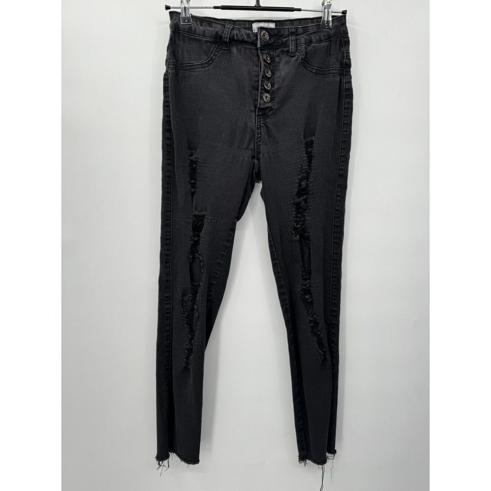 Gogo Jeans 7/28 Skinny Jeans Womens Black Distressed High Rise Button Fly Ripped